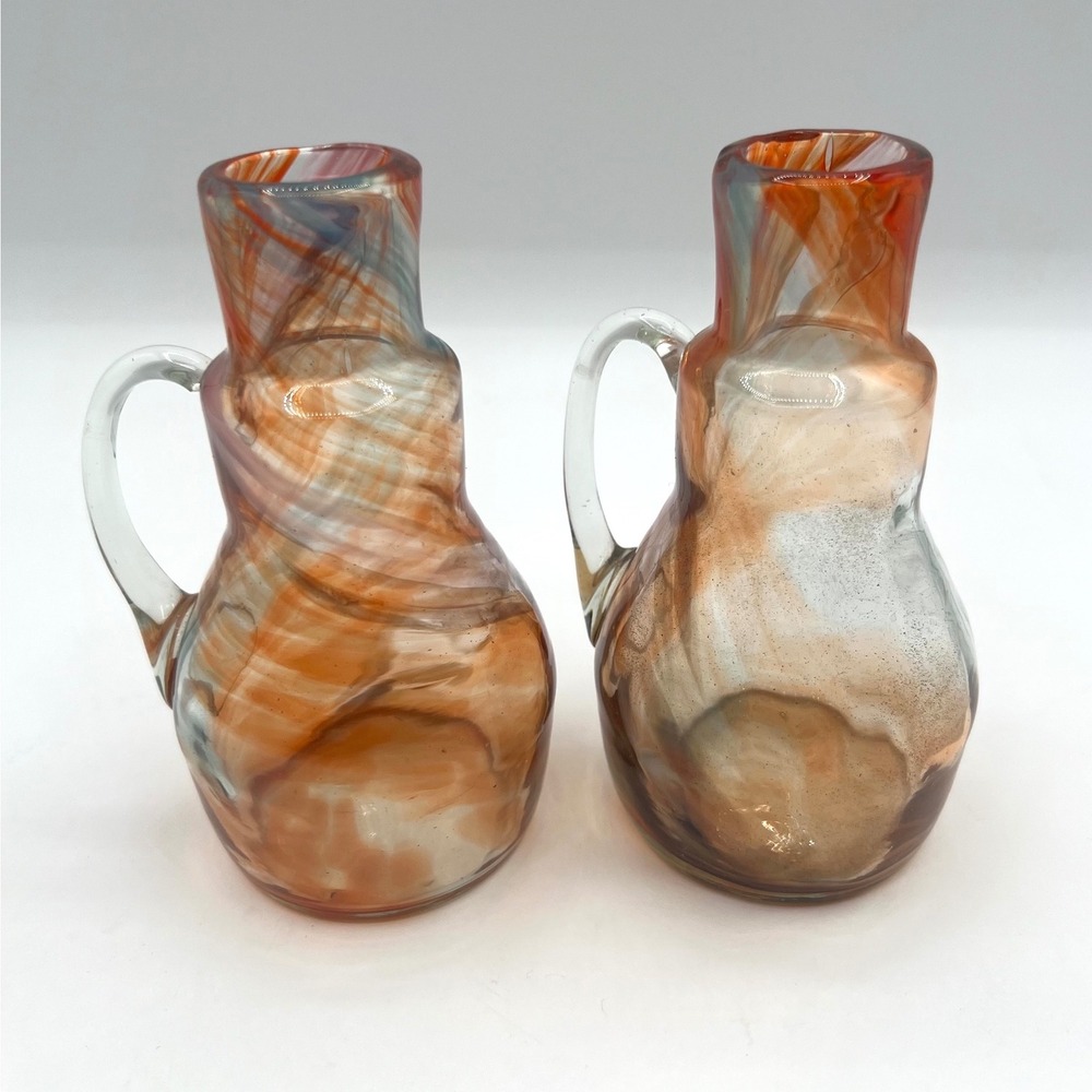Hand Blown Art Glass Cruet with Applied Handle, Swirl Design, Set of 2